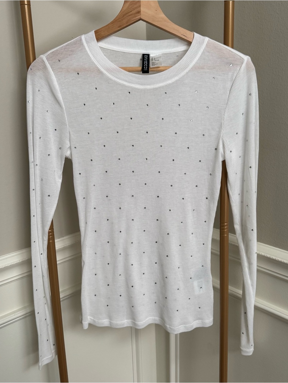 H&M White Long Sleeve Ribbed Top with Crystal Dots